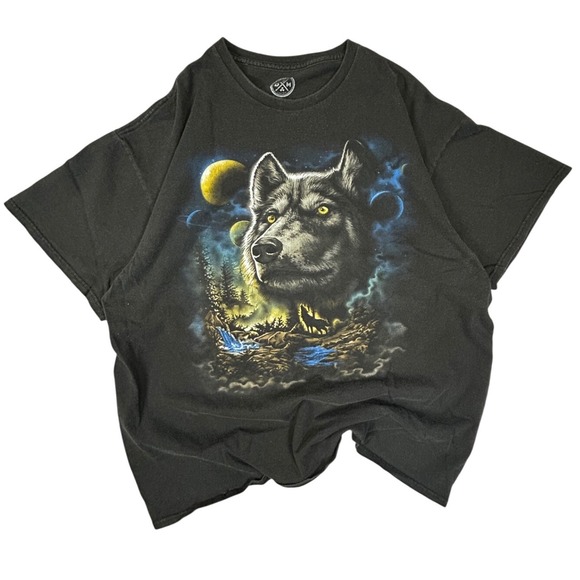 Dom Other - Mens DOM Wolf Graphic T-Shirt Black XL Nature Moon Forest Tee Faded